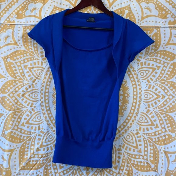 Wet Seal Jewel Blue Draped Collar Short Sleeve Sweater Shirt - Long Length - Picture 1 of 3